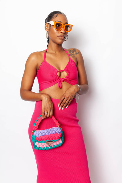 Hot Pink Halter Crop Midi Knit Set