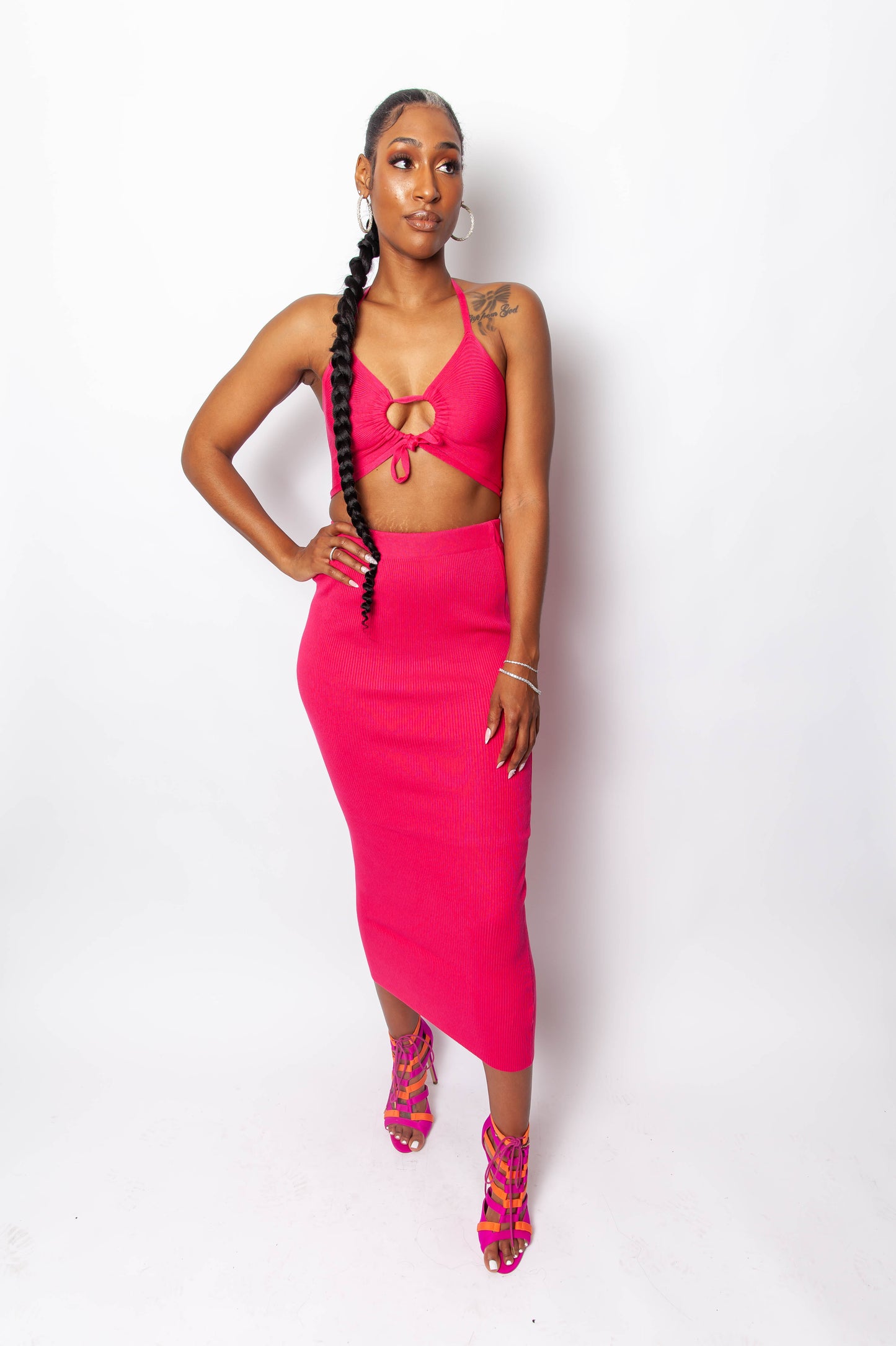 Hot Pink Halter Crop Midi Knit Set