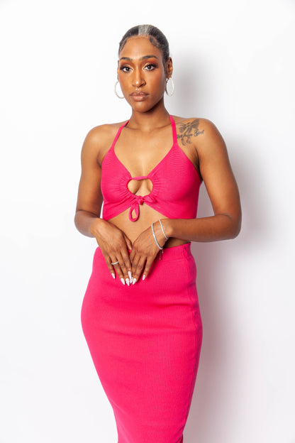 Hot Pink Halter Crop Midi Knit Set