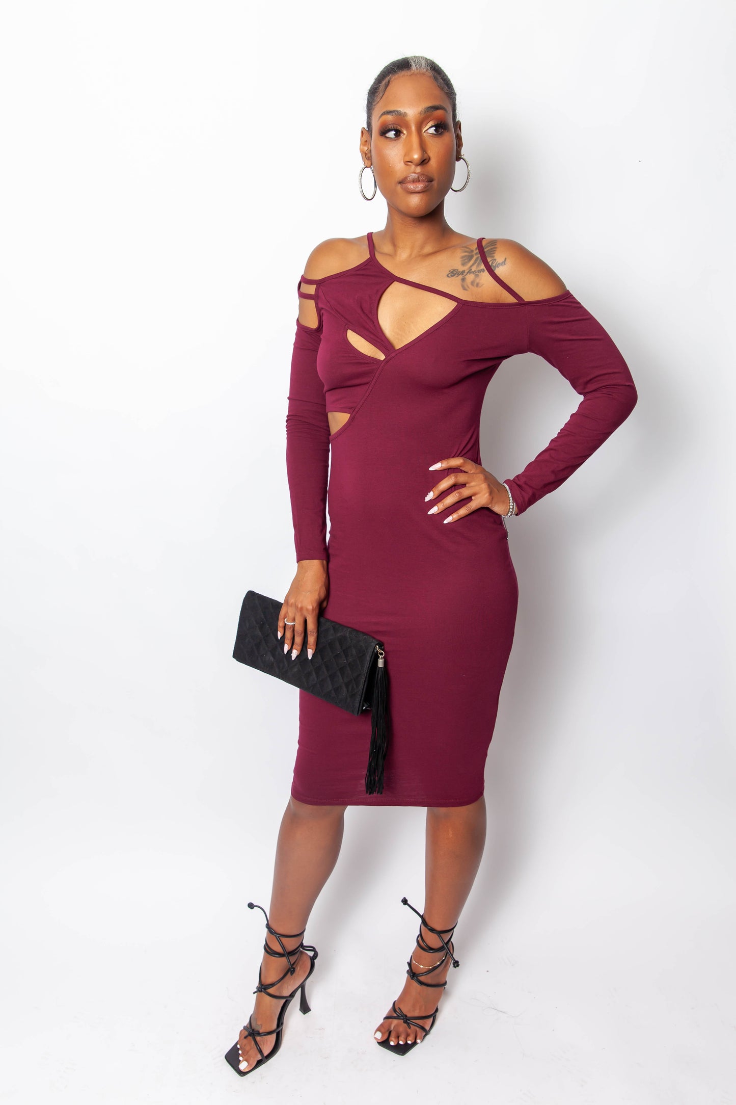 Wine Cutout Bodycon Midi Dress