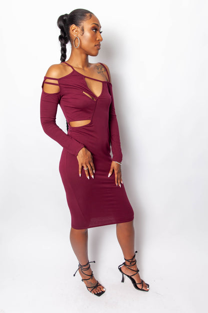 Wine Cutout Bodycon Midi Dress